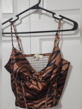 Brown Tiger-Print Satin Corset Cami
